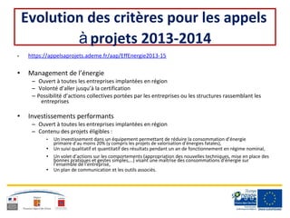 Evolution des critères pour les appels
à projets 2013-2014
• https://appelsaprojets.ademe.fr/aap/EffEnergie2013-15
• Management de l’énergie
– Ouvert à toutes les entreprises implantées en région
– Volonté d’aller jusqu’à la certification
– Possibilité d’actions collectives portées par les entreprises ou les structures rassemblant les
entreprises
• Investissements performants
– Ouvert à toutes les entreprises implantées en région
– Contenu des projets éligibles :
• Un investissement dans un équipement permettant de réduire la consommation d’énergie
primaire d’au moins 20% (y compris les projets de valorisation d’énergies fatales),
• Un suivi qualitatif et quantitatif des résultats pendant un an de fonctionnement en régime nominal,
• Un volet d’actions sur les comportements (appropriation des nouvelles techniques, mise en place des
bonnes pratiques et gestes simples,…) visant une maîtrise des consommations d’énergie sur
l’ensemble de l’entreprise,
• Un plan de communication et les outils associés.
 