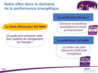 Notre offre dans le domaine
de la performance énergétique
La Visite d’Evaluation ISO 50001
Un guide pour structurer votre
futur système de management
de l’énergie !
La certification Niveau 1
Démarrer et bénéficier
immédiatement d’aide
au financement
La certification ISO 50001
Le moteur de votre
démarche d’efficacité
énergétique
154
 