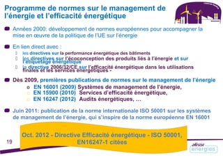 Programme de normes sur le management de
l’énergie et l’efficacité énergétique
Années 2000: développement de normes européennes pour accompagner la
mise en œuvre de la politique de l’UE sur l’énergie
En lien direct avec :
 les directives sur la performance énergétique des bâtiments
 les directives sur l’écoconception des produits liés à l’énergie et sur
l’étiquetage énergétique
 la directive 2006/32/CE sur l’efficacité énergétique dans les utilisations
finales et les services énergétiques -
Dès 2009, premières publications de normes sur le management de l’énergie
o EN 16001 (2009) Systèmes de management de l’énergie,
o EN 15900 (2010) Services d’efficacité énergétique,
o EN 16247 (2012) Audits énergétiques, …
Juin 2011: publication de la norme internationale ISO 50001 sur les systèmes
de management de l’énergie, qui s’inspire de la norme européenne EN 16001
Oct. 2012 - Directive Efficacité énergétique - ISO 50001,
19 EN16247-1 citées
 