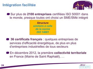 Intégration facilitée
Sur plus de 2100 entreprises certifiées ISO 50001 dans
le monde, presque toutes ont choisi un SME/SMé intégré
Structure
similaire à celle
de la norme
ISO 14001
36 certificats français : quelques entreprises de
services d’efficacité énergétique, de plus en plus
d’entreprises industrielles de tous secteurs
En décembre 2012, la première collectivité territoriale
en France (Mairie de Saint Raphaël), …
24
 
