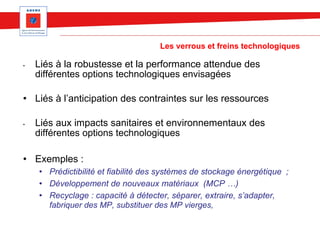 Les verrous et freins technologiques
• Liés à la robustesse et la performance attendue des
différentes options technologiques envisagées
• Liés à l’anticipation des contraintes sur les ressources
• Liés aux impacts sanitaires et environnementaux des
différentes options technologiques
• Exemples :
• Prédictibilité et fiabilité des systèmes de stockage énergétique ;
• Développement de nouveaux matériaux (MCP …)
• Recyclage : capacité à détecter, séparer, extraire, s’adapter,
fabriquer des MP, substituer des MP vierges,
 