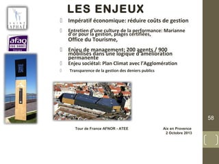 LES ENJEUX
 Impératif économique: réduire coûts de gestion
 Entretien d’une culture de la performance: Marianne
d’or pour la gestion, plages certifiées,
Office du Tourisme,
 Enjeu de management: 200 agents / 900
mobilisés dans une logique d’amélioration
permanente
 Enjeu sociétal: Plan Climat avec l’Agglomération
 Transparence de la gestion des deniers publics
58
Tour de France AFNOR - ATEE Aix en Provence
2 Octobre 2013
 