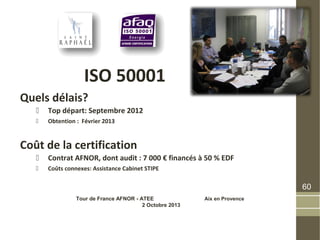 ISO 50001
Quels délais?
 Top départ: Septembre 2012
 Obtention : Février 2013
Coût de la certification
 Contrat AFNOR, dont audit : 7 000 € financés à 50 % EDF
 Coûts connexes: Assistance Cabinet STIPE
60
Tour de France AFNOR - ATEE Aix en Provence
2 Octobre 2013
 