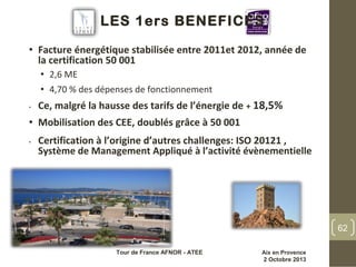 LES 1ers BENEFICES
• Facture énergétique stabilisée entre 2011et 2012, année de
la certification 50 001
• 2,6 ME
• 4,70 % des dépenses de fonctionnement
• Ce, malgré la hausse des tarifs de l’énergie de + 18,5%
• Mobilisation des CEE, doublés grâce à 50 001
• Certification à l’origine d’autres challenges: ISO 20121 ,
Système de Management Appliqué à l’activité évènementielle
62
Tour de France AFNOR - ATEE Aix en Provence
2 Octobre 2013
 