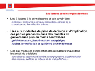 Les verrous et freins organisationnels
• Liés à l’accès à la connaissance et aux savoir-faire
méthodes, meilleures techniques disponibles, partage de la
connaissance, formation des acteurs…
• Liés aux modalités de prise de décision et d’implication
des parties prenantes dans des modèles de
gouvernance plus ou moins centralisées
guichet unique / plan rénovation énergétique
habitat normalisation et systèmes de management
• Liés aux modalités d’implication des utilisateurs finaux dans
les prises de décisions
conception et usage d’un bâtiment à énergie positive, expérimentation
d’un nouveau système de collecte et de tri des déchets…
 