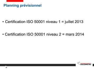 Planning prévisionnel
• Certification ISO 50001 niveau 1 = juillet 2013
• Certification ISO 50001 niveau 2 = mars 2014
78
 