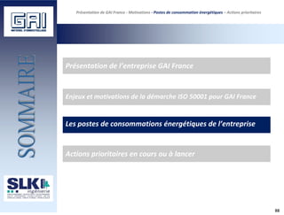 Présentation de GAI France - Motivations - Postes de consommation énergétiques – Actions prioritaires
Présentation de l’entreprise GAI France
Enjeux et motivations de la démarche ISO 50001 pour GAI France
Les postes de consommations énergétiques de l’entreprise
Actions prioritaires en cours ou à lancer
88
 