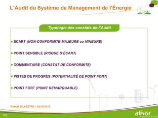 101
L’Audit du Système de Management de l’Énergie
●ÉCART (NON-CONFORMITÉ MAJEURE ou MINEURE)
●POINT SENSIBLE (RISQUE D’ÉCART)
●COMMENTAIRE (CONSTAT DE CONFORMITÉ)
●PISTES DE PROGRÈS (POTENTIALITÉ DE POINT FORT)
●POINT FORT (POINT REMARQUABLE)
Typologie des constats de l’Audit
Pascal SILVESTRE – 02/10/2013
 