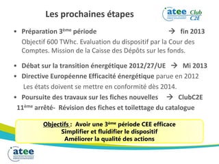 Les prochaines étapes
• Préparation 3ème période  fin 2013
Objectif 600 TWhc. Evaluation du dispositif par la Cour des
Comptes. Mission de la Caisse des Dépôts sur les fonds.
• Débat sur la transition énergétique 2012/27/UE  Mi 2013
• Directive Européenne Efficacité énergétique parue en 2012
Les états doivent se mettre en conformité dès 2014.
• Poursuite des travaux sur les fiches nouvelles  ClubC2E
11ème arrêté- Révision des fiches et toilettage du catalogue
Objectifs : Avoir une 3ème période CEE efficace
Simplifier et fluidifier le dispositif
Améliorer la qualité des actions
 