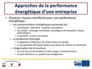 Approches de la performance
énergétique d’une entreprise
• Plusieurs niveaux interfèrent pour une performance
énergétique :
– Les consommations énergétiques provenant de :
• L’enveloppe = bâtiment : isolation, conception…
• Les utilités : éclairage, ventilation, chauffage et climatisation, réseau
informatique…
• Le procédé : le cœur du process
– La production d’énergie
• L’intégration d’ENR pour les utilités et/ou le procédé
• La récupération d’énergies fatales sous forme de chaleur ou électricité
– L’organisation de la structure
• Un suivi des consommations et des usages / comportements
• Un plan d’actions, un système de management
 