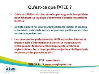 • Créée en 1978 lors du choc pétrolier par les grands énergéticiens
pour échanger sur les pistes d’économies d’énergie industrielles
internes.
• Compte aujourd’hui environ 2000 adhérents (petites et grandes
entreprises, sociétés de service, organismes publics, collectivités
territoriales, universités…
• Lieu de rencontre professionnelle, l’ATEE rassemble, informe et
propose. Rôle d’information et d’alerte sur les nouveautés
techniques, les tendances économiques et les évolutions
réglementaires. Force de propositions objective et indépendante
reconnue par les pouvoirs publics.
ATEE www.atee.fr
ENERGIE PLUS www.energie-plus.com
Qu’est-ce que l’ATEE ?
15
Colloques ATEE Systèmes de
Management de l'Energie
 