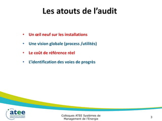 Les atouts de l’audit
• Un œil neuf sur les installations
• Une vision globale (process /utilités)
• Le coût de référence réel
• L’identification des voies de progrès
Colloques ATEE Systèmes de
Management de l'Energie
3
 