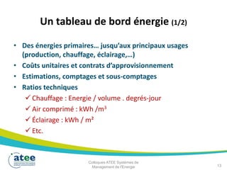Un tableau de bord énergie (1/2)
• Des énergies primaires… jusqu’aux principaux usages
(production, chauffage, éclairage,…)
• Coûts unitaires et contrats d’approvisionnement
• Estimations, comptages et sous-comptages
• Ratios techniques
 Chauffage : Energie / volume . degrés-jour
 Air comprimé : kWh /m3
 Éclairage : kWh / m²
 Etc.
13
Colloques ATEE Systèmes de
Management de l'Energie
 