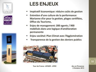 LES ENJEUX
 Impératif économique: réduire coûts de gestion
 Entretien d’une culture de la performance:
Marianne d’or pour la gestion, plages certifiées,
Office du Tourisme,
 Enjeu de management: 200 agents / 900
mobilisés dans une logique d’amélioration
permanente
 Enjeu sociétal: Plan Climat avec l’Agglomération
 Transparence de la gestion des deniers publics
Tour de France AFNOR - ATEE Aix en Provence
2 Octobre 2013
58
 