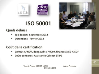 ISO 50001
Quels délais?
 Top départ: Septembre 2012
 Obtention : Février 2013
Coût de la certification
 Contrat AFNOR, dont audit : 7 000 € financés à 50 % EDF
 Coûts connexes: Assistance Cabinet STIPE
Tour de France AFNOR - ATEE Aix en Provence
2 Octobre 2013
60
 