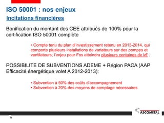 71
Bonification du montant des CEE attribués de 100% pour la
certification ISO 50001 complète
• Compte tenu du plan d’investissement retenu en 2013-2014, qui
comporte plusieurs installations de variateurs sur des pompes et
ventilateurs, l’enjeu pour Fos atteindra plusieurs centaines de k€ .
POSSIBILITE DE SUBVENTIONS ADEME + Région PACA (AAP
Efficacité énergétique volet A 2012-2013):
• Subvention à 50% des coûts d’accompagnement
• Subvention à 20% des moyens de comptage nécessaires
ISO 50001 : nos enjeux
Incitations financières
 