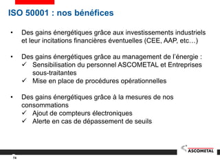 74
• Des gains énergétiques grâce aux investissements industriels
et leur incitations financières éventuelles (CEE, AAP, etc…)
• Des gains énergétiques grâce au management de l’énergie :
 Sensibilisation du personnel ASCOMETAL et Entreprises
sous-traitantes
 Mise en place de procédures opérationnelles
• Des gains énergétiques grâce à la mesures de nos
consommations
 Ajout de compteurs électroniques
 Alerte en cas de dépassement de seuils
ISO 50001 : nos bénéfices
 