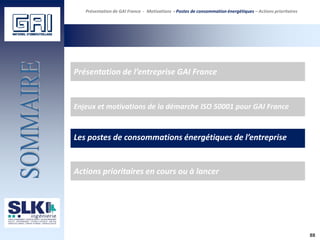 Les postes de consommations énergétiques de l’entreprise
Enjeux et motivations de la démarche ISO 50001 pour GAI France
Présentation de l’entreprise GAI France
Actions prioritaires en cours ou à lancer
88
Présentation de GAI France - Motivations - Postes de consommation énergétiques – Actions prioritaires
 