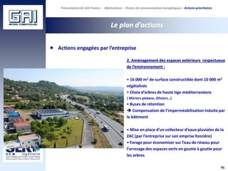 96
Le plan d’actions
2. Aménagement des espaces extérieurs respectueux
de l’environnement :
• 16 000 m2 de surface constructible dont 10 000 m2
végétalisés
• Choix d’arbres de haute tige méditerranéens
( Mûriers platane, Oliviers…)
• Buses de rétention
 Compensation de l’imperméabilisation induite par
le bâtiment
• Mise en place d’un collecteur d’eaux pluviales de la
ZAC (par l’entreprise sur son emprise foncière)
• Forage pour économiser sur l’eau de réseau pour
l’arrosage des espaces verts en goutte à goutte pour
les arbres
Actions engagées par l’entreprise
Présentation de GAI France - Motivations - Postes de consommation énergétiques – Actions prioritaires
 