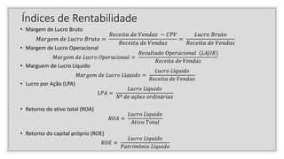 Índices de Rentabilidade
• Margem de Lucro Bruto
𝑀𝑎𝑟𝑔𝑒𝑚 𝑑𝑒 𝐿𝑢𝑐𝑟𝑜 𝐵𝑟𝑢𝑡𝑜 =
𝑅𝑒𝑐𝑒𝑖𝑡𝑎 𝑑𝑒 𝑉𝑒𝑛𝑑𝑎𝑠 − 𝐶𝑃𝑉
𝑅𝑒𝑐𝑒𝑖𝑡𝑎 𝑑𝑒 𝑉𝑒𝑛𝑑𝑎𝑠
=
𝐿𝑢𝑐𝑟𝑜 𝐵𝑟𝑢𝑡𝑜
𝑅𝑒𝑐𝑒𝑖𝑡𝑎 𝑑𝑒 𝑉𝑒𝑛𝑑𝑎𝑠
• Margem de Lucro Operacional
𝑀𝑎𝑟𝑔𝑒𝑚 𝑑𝑒 𝐿𝑢𝑐𝑟𝑜 𝑂𝑝𝑒𝑟𝑎𝑐𝑖𝑜𝑛𝑎𝑙 =
𝑅𝑒𝑠𝑢𝑙𝑡𝑎𝑑𝑜 𝑂𝑝𝑒𝑟𝑎𝑐𝑖𝑜𝑛𝑎𝑙 (𝐿𝐴𝐽𝐼𝑅)
𝑅𝑒𝑐𝑒𝑖𝑡𝑎 𝑑𝑒 𝑉𝑒𝑛𝑑𝑎𝑠
• Marguem de Lucro Líquido
𝑀𝑎𝑟𝑔𝑒𝑚 𝑑𝑒 𝐿𝑢𝑐𝑟𝑜 𝐿í𝑞𝑢𝑖𝑑𝑜 =
𝐿𝑢𝑐𝑟𝑜 𝐿í𝑞𝑢𝑖𝑑𝑜
𝑅𝑒𝑐𝑒𝑖𝑡𝑎 𝑑𝑒 𝑉𝑒𝑛𝑑𝑎𝑠
• Lucro por Ação (LPA)
𝐿𝑃𝐴 =
𝐿𝑢𝑐𝑟𝑜 𝐿í𝑞𝑢𝑖𝑑𝑜
𝑁º 𝑑𝑒 𝑎çõ𝑒𝑠 𝑜𝑟𝑑𝑖𝑛á𝑟𝑖𝑎𝑠
• Retorno do ativo total (ROA)
𝑅𝑂𝐴 =
𝐿𝑢𝑐𝑟𝑜 𝐿í𝑞𝑢𝑖𝑑𝑜
𝐴𝑡𝑖𝑣𝑜 𝑇𝑜𝑡𝑎𝑙
• Retorno do capital próprio (ROE)
𝑅𝑂𝐸 =
𝐿𝑢𝑐𝑟𝑜 𝐿í𝑞𝑢𝑖𝑑𝑜
𝑃𝑎𝑡𝑟𝑖𝑚ô𝑛𝑖𝑜 𝐿í𝑞𝑢𝑖𝑑𝑜
 