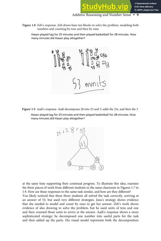 at the same time supporting their continual progress. To illustrate this idea, examine
the three pieces of work from diﬀerent students in the same classroom in Figures 1.7 to
1.9. How are these responses to the same task similar, and how are they diﬀerent?
You likely noticed that these three students all solved the task correctly, arriving at
an answer of 53, but used very diﬀerent strategies. Jana’s strategy shows evidence
that she needed to model and count by ones to get her answer. Zeb’s work shows
evidence of also drawing to solve the problem, but he used units of tens and one
and then counted those units to arrive at the answer. Aadi’s response shows a more
sophisticated strategy: he decomposed one number into useful parts for the task
and then added up the parts. His visual model represents both the decomposition
Figure 1.8 Zeb’s response. Zeb draws base-ten blocks to solve the problem, modeling both
numbers and counting by tens and then by ones
Hasan played tag for 25 minutes and then played basketball for 28 minutes. How
many minutes did Hasan play altogether?
Figure 1.9 Aadi’s response. Aadi decomposes 28 into 25 and 3, adds the 25s, and then the 3
Hasan played tag for 25 minutes and then played basketball for 28 minutes. How
many minutes did Hasan play altogether?
Additive Reasoning and Number Sense • 9
 