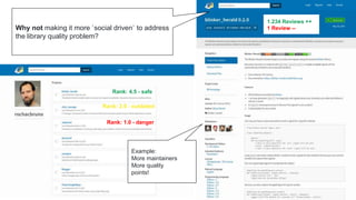 Rank: 4.5 - safe
Rank: 2.0 - outdated
Rank: 1.0 - danger
1.234 Reviews ++
1 Review --Why not making it more `social driven` to address
the library quality problem?
Example:
More maintainers
More quality
points!
 