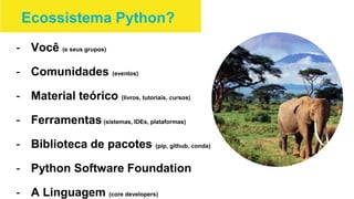 - Você (e seus grupos)
- Comunidades (eventos)
- Material teórico (livros, tutoriais, cursos)
- Ferramentas(sistemas, IDEs, plataformas)
- Biblioteca de pacotes (pip, github, conda)
- Python Software Foundation
- A Linguagem (core developers)
Ecossistema Python?
 