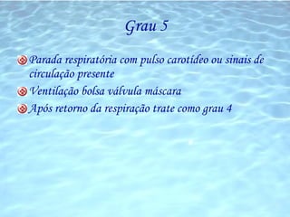 Grau 5 Parada respiratória com pulso carotídeo ou sinais de circulação presente Ventilação bolsa válvula máscara Após retorno da respiração trate como grau 4 