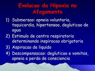 Evolucao da Hipoxia no Afogamento Submersao: apneia voluntaria, taquicardia, hipertensao, degluticao de agua Estimulo de centro respiratorio determinando inspiracao obrigatoria Aspiracao de liquido Descompensacao: degluticao e vomitos, apneia e perda de consciencia 