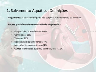1. Salvamento Aquático: Definições
- Afogamento: Aspiração de líquido não corporal por submersão ou imersão.
- Fatores que influenciam no episodio de afogamento :
• Drogas: 36%, normalmente álcool
• Convulsões: 18%
• Traumas: 16%
• Doenças cardiopulmonares (14%)
• Mergulho livre ou autônomo (4%)
• Outros (homicídios, suicídio, cãimbras, etc. – 11%)
 