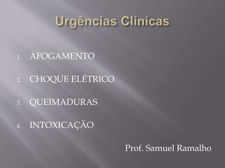 1. AFOGAMENTO
2. CHOQUE ELÉTRICO
3. QUEIMADURAS
4. INTOXICAÇÃO
Prof. Samuel Ramalho
 