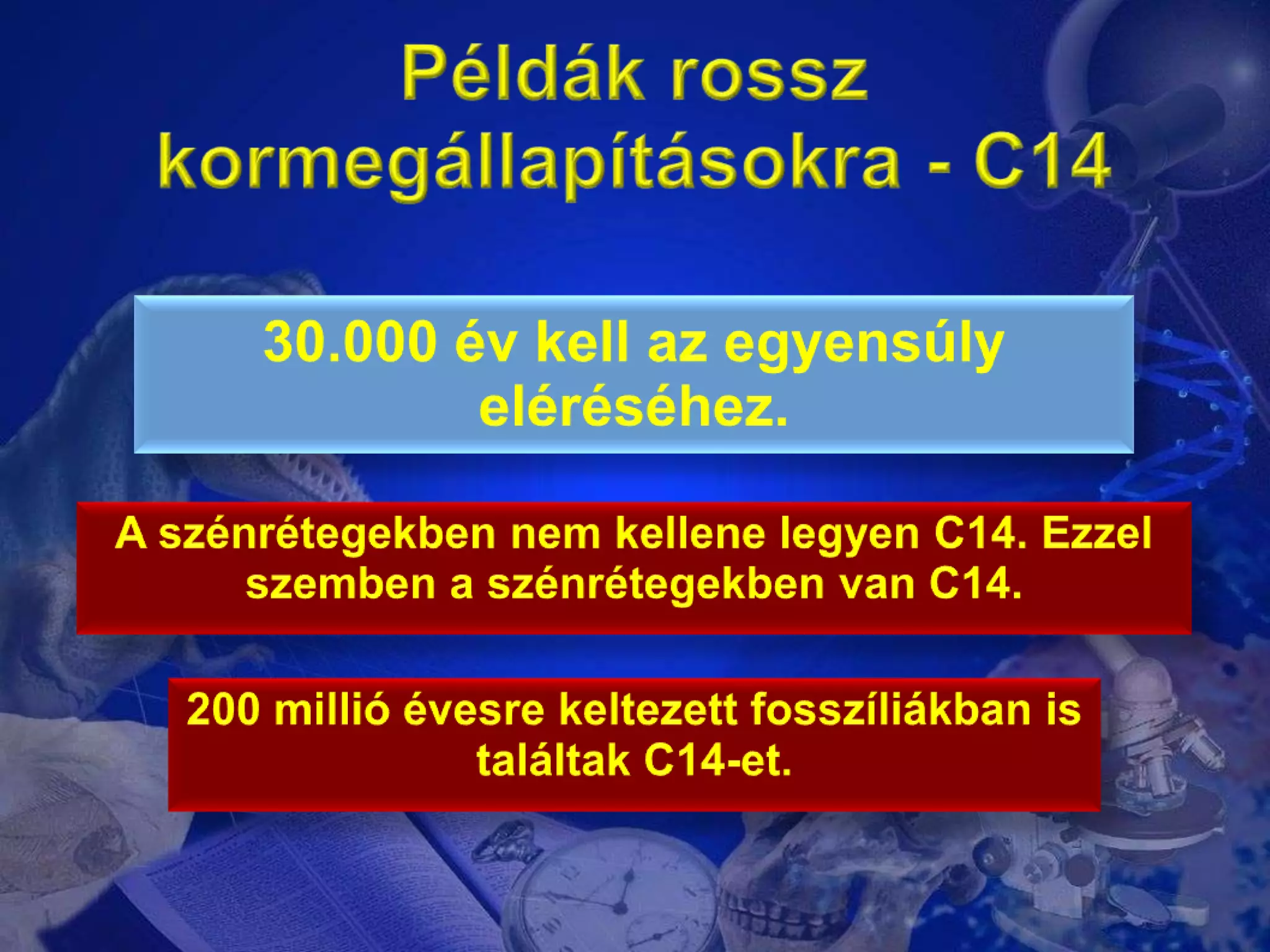 Példákrosszkormegállapításokra - C1430.000 évkellazegyensúlyeléréséhez.A szénrétegekbennemkellenelegyen C14. Ezzelszemben a szénrétegekben van C14.200 millióévesrekeltezettfosszíliákban is találtak C14-et.