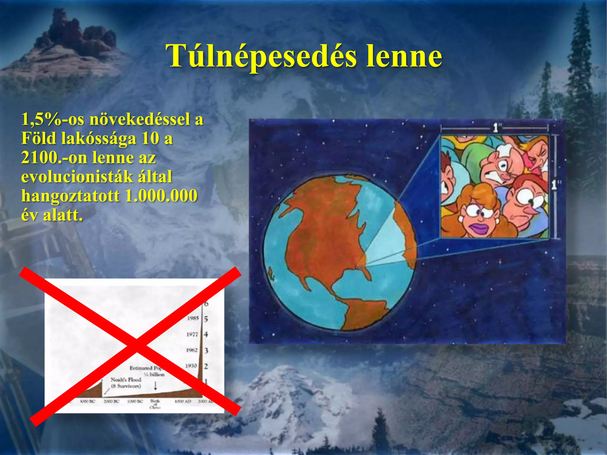 Túlnépesedés lenne1,5%-os növekedéssel a Föld lakóssága 10 a 2100.-on lenne az evolucionisták által hangoztatott 1.000.000 év alatt.