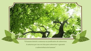 “O homem destrói a natureza na justificativa de sobreviver.
A natureza por sua vez luta para sobreviver e garantir
a sobrevivência do homem.”
 