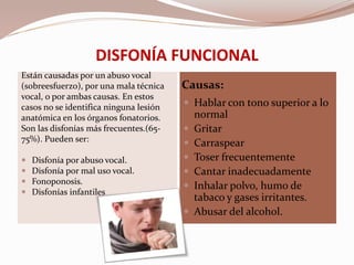 DISFONÍA FUNCIONAL
Causas:
Están causadas por un abuso vocal
(sobreesfuerzo), por una mala técnica
vocal, o por ambas causas. En estos
casos no se identifica ninguna lesión
anatómica en los órganos fonatorios.
Son las disfonías más frecuentes.(65-
75%). Pueden ser:
 Disfonía por abuso vocal.
 Disfonía por mal uso vocal.
 Fonoponosis.
 Disfonías infantiles
 Hablar con tono superior a lo
normal
 Gritar
 Carraspear
 Toser frecuentemente
 Cantar inadecuadamente
 Inhalar polvo, humo de
tabaco y gases irritantes.
 Abusar del alcohol.
 