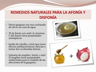 REMEDIOS NATURALES PARA LA AFONÍA Y
DISFONÍA
 Hacer gárgaras con una cucharada
de sal en un vaso de agua.
 Té de limón con miel, la vitamina
C del limón tiene propiedades
antisépticas.
 Jarabe de cebolla y miel (que tiene
efectos antibacterianos) mezclar y
tomar dos cucharadas diarias.
 Infusión de jengibre, limón y miel.
El jengibre tiene propiedades
medicinales para el cuidado de las
afecciones de la garganta.
 
