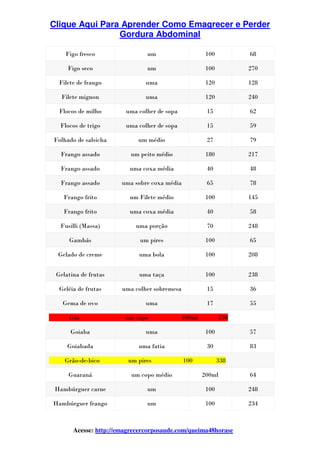 Clique Aqui Para Aprender Como Emagrecer e Perder
Gordura Abdominal
Acesse: http://emagrecercorposaude.com/queima48horase
Figo fresco um 100 68
Figo seco um 100 270
Filete de frango uma 120 128
Filete mignon uma 120 240
Flocos de milho uma colher de sopa 15 62
Flocos de trigo uma colher de sopa 15 59
Folhado de salsicha um médio 27 79
Frango assado um peito médio 180 217
Frango assado uma coxa média 40 48
Frango assado uma sobre coxa média 65 78
Frango frito um Filete médio 100 145
Frango frito uma coxa média 40 58
Fusilli (Massa) uma porção 70 248
Gambás um pires 100 65
Gelado de creme uma bola 100 208
Gelatina de frutas uma taça 100 238
Geléia de frutas uma colher sobremesa 15 36
Gema de ovo uma 17 55
Gin um copo 100ml 230
Goiaba uma 100 57
Goiabada uma fatia 30 83
Grão-de-bico um pires 100 338
Guaraná um copo médio 200ml 64
Hambúrguer carne um 100 248
Hambúrguer frango um 100 234
 