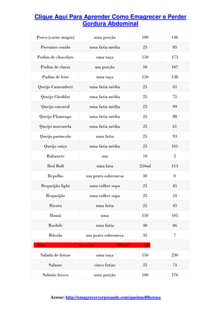 Clique Aqui Para Aprender Como Emagrecer e Perder
Gordura Abdominal
Acesse: http://emagrecercorposaude.com/queima48horase
Porco (carne magra) uma porção 100 146
Presunto cozido uma fatia média 25 85
Pudim de chocolate uma taça 150 173
Pudim de claras um porção 50 107
Pudim de leite uma taça 150 138
Queijo Camembert uma fatia média 25 65
Queijo Cheddar uma fatia média 25 75
Queijo emental uma fatia média 25 99
Queijo Flamengo uma fatia média 25 88
Queijo mussarela uma fatia média 25 61
Queijo parmesão uma fatia 25 93
Queijo suíço uma fatia média 25 101
Rabanete um 10 2
Red Bull uma lata 250ml 113
Repolho um prato sobremesa 30 8
Requeijão light uma colher sopa 25 45
Requeijão uma colher sopa 25 24
Ricota uma fatia 25 45
Romã uma 150 105
Rosbife uma fatia 40 66
Rúcula um prato sobremesa 35 7
Rum um copo 100ml 231
Salada de frutas uma taça 150 230
Salame cinco fatias 25 74
Salmão fresco uma porção 100 176
 