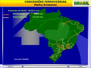 Ministério dos       CONCESSÕES FERROVIÁRIAS
                  Departamento de Relações Institucionais - SPNT
 Transportes
                             Malha Existente

 Extensão da Malha 28.831 km
        Bitola Larga              5.430 km
        Bitola Estreita          23.924 km




          Fonte ANTT (09/2009)




 INÍCIO                            www.transportes.gov.br        FIM
 