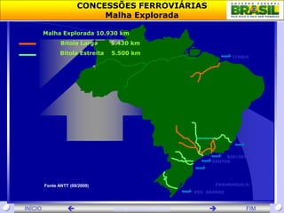 Ministério dos       CONCESSÕES FERROVIÁRIAS
                  Departamento de Relações Institucionais - SPNT
 Transportes
                            Malha Explorada

          Malha Explorada 10.930 km
                 Bitola Larga      5.430 km
                 Bitola Estreita   5.500 km
                                                                         ITAQUI




                                                                      RIO/SEPETIBA
                                                                 SANTOS        VITÓRIA




          Fonte ANTT (09/2009)                                     PARANAGUÁ/S. F. DO SUL
                                                            RIO GRANDE



 INÍCIO                           www.transportes.gov.br                    FIM
 