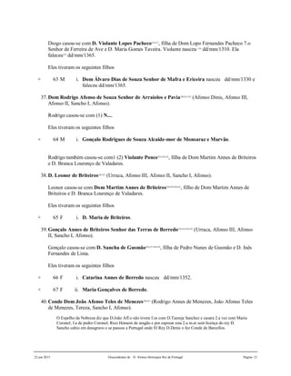 22 jun 2015 Descendentes de D. Afonso Henriques Rei de Portugal Página 12
Diogo casou-se com D. Violante Lopes Pacheco216,217
, filha de Dom Lopo Fernandes Pacheco 7.o
Senhor de Ferreira de Ave e D. Maria Gomes Taveira. Violante nasceu 218
dd/mm/1310. Ela
faleceu219
dd/mm/1365.
Eles tiveram os seguintes filhos
+ 63 M i. Dom Álvaro Dias de Souza Senhor de Mafra e Ericeira nasceu dd/mm/1330 e
faleceu dd/mm/1365.
37.Dom Rodrigo Afonso de Souza Senhor de Arraiolos e Pavia220,221,222
(Afonso Dinis, Afonso III,
Afonso II, Sancho I, Afonso).
Rodrigo casou-se com (1) N....
Eles tiveram os seguintes filhos
+ 64 M i. Gonçalo Rodrigues de Souza Alcaide-mor de Monsaraz e Marvão.
Rodrigo também casou-se com1 (2) Violante Ponce223,224,225
, filha de Dom Martim Annes de Briteiros
e D. Branca Lourenço de Valadares.
38.D. Leonor de Briteiros226,227
(Urraca, Afonso III, Afonso II, Sancho I, Afonso).
Leonor casou-se com Dom Martim Annes de Briteiros228,229,230,231
, filho de Dom Martim Annes de
Briteiros e D. Branca Lourenço de Valadares.
Eles tiveram os seguintes filhos
+ 65 F i. D. Maria de Briteiros.
39.Gonçalo Annes de Briteiros Senhor das Terras de Berredo232,233,234,235
(Urraca, Afonso III, Afonso
II, Sancho I, Afonso).
Gonçalo casou-se com D. Sancha de Gusmão236,237,238,239
, filha de Pedro Nunes de Gusmão e D. Inês
Fernandes de Lima.
Eles tiveram os seguintes filhos
+ 66 F i. Catarina Annes de Berredo nasceu dd/mm/1352.
+ 67 F ii. Maria Gonçalves de Berredo.
40.Conde Dom João Afonso Teles de Menezes240,241
(Rodrigo Annes de Menezes, João Afonso Teles
de Menezes, Tereza, Sancho I, Afonso).
O Espelho da Nobreza diz que D.João Aff.o não tivera f.os com D.Taereja Sanchez e casara 2.a vez com Maria
Coronel, f.a de pedro Coronel, Rico Homem de aragão e por esposar esta 2.a m.er sem licença do rey D.
Sancho cahio em desagravo e se passou a Portugal onde El Rey D.Denis o fez Conde de Barcellos.
 