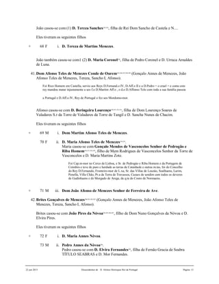 22 jun 2015 Descendentes de D. Afonso Henriques Rei de Portugal Página 13
João casou-se com (1) D. Tereza Sanches242,243
, filha de Rei Dom Sancho de Castela e N....
Eles tiveram os seguintes filhos
+ 68 F i. D. Tereza de Martins Menezes.
João também casou-se com1 (2) D. Maria Coronel244
, filha de Pedro Coronel e D. Urraca Arnaldes
de Luna.
41.Dom Afonso Teles de Menezes Conde de Ourem245,246,247,248,249
(Gonçalo Annes de Menezes, João
Afonso Teles de Menezes, Tereza, Sancho I, Afonso).
Foi Rico Homem em Castella, servio aos Reys D.Fernand.o IV, D.Aff.o II e a D.Pedro = o cruel = e como este
rey mandou matar injustamente a seo f.o D.Martim Aff.o , o d.o D.Affonso Telo com toda a sua família passou
a Portugal e D.Aff.o IV, Rey de Portugal o fez seo Mordomo-mor.
Afonso casou-se com D. Beringeira Lourenço250,251,252,253
, filha de Dom Lourenço Soares de
Valadares S.r da Torre de Valadares da Torre de Tangil e D. Sancha Nunes de Chacim.
Eles tiveram os seguintes filhos
+ 69 M i. Dom Martim Afonso Teles de Menezes.
70 F ii. D. Maria Afonso Teles de Menezes254,255
.
Maria casou-se com Gonçalo Mendes de Vasconcelos Senhor de Pedrogão e
Riba Homem256,257,258,259
, filho de Mem Rodrigues de Vasconcelos Senhor da Torre de
Vasconcelos e D. Maria Martins Zote.
Foi Cap.m-mor no Cerco de Lisboa, e Sr. de Pedrogào e Riba Homem e da Portagem de
Coimbra e teve de puro e herdade as terras de Catanhede e outras m.tas, foi do Concelho
do Rey D.Fernando, Fronteiro-mor de L.xa, Sr. das Villas de Louzào, Soalhaens, Larim,
Penella, Villa Chão, Pr.a da Terra de Travassos, Cazaes de sendim com todos os deveres
de Gudinhaens e do Morgado de Arega, da q.ta do Couto de Normaens.
+ 71 M iii. Dom João Afonso de Menezes Senhor de Ferreira de Ave.
42.Brites Gonçalves de Menezes260,261,262,263
(Gonçalo Annes de Menezes, João Afonso Teles de
Menezes, Tereza, Sancho I, Afonso).
Brites casou-se com João Pires da Nóvoa264,265,266,267
, filho de Dom Nuno Gonçalves da Nóvoa e D.
Elvira Pires.
Eles tiveram os seguintes filhos
+ 72 F i. D. Maria Annes Névoa.
73 M ii. Pedro Annes da Nóvoa268
.
Pedro casou-se com D. Elvira Fernandes269
, filha de Fernão Gracia de Seabra
TÍTULO SEABRAS e D. Mor Fernandes.
 