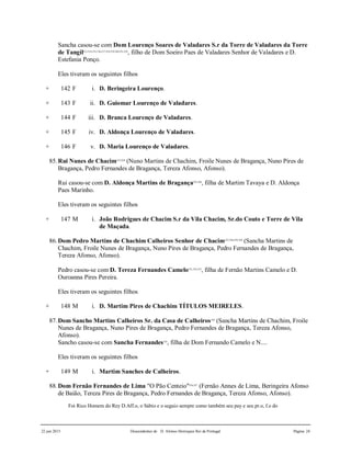 22 jun 2015 Descendentes de D. Afonso Henriques Rei de Portugal Página 24
Sancha casou-se com Dom Lourenço Soares de Valadares S.r da Torre de Valadares da Torre
de Tangil513,514,515,516,517,518,519,520,521,522
, filho de Dom Soeiro Paes de Valadares Senhor de Valadares e D.
Estefania Ponço.
Eles tiveram os seguintes filhos
+ 142 F i. D. Beringeira Lourenço.
+ 143 F ii. D. Guiomar Lourenço de Valadares.
+ 144 F iii. D. Branca Lourenço de Valadares.
+ 145 F iv. D. Aldonça Lourenço de Valadares.
+ 146 F v. D. Maria Lourenço de Valadares.
85.Rui Nunes de Chacim523,524
(Nuno Martins de Chachim, Froile Nunes de Bragança, Nuno Pires de
Bragança, Pedro Fernandes de Bragança, Tereza Afonso, Afonso).
Rui casou-se com D. Aldonça Martins de Bragança525,526
, filha de Martim Tavaya e D. Aldonça
Paes Marinho.
Eles tiveram os seguintes filhos
+ 147 M i. João Rodrigues de Chacim S.r da Vila Chacim, Sr.do Couto e Torre de Vila
de Maçada.
86.Dom Pedro Martins de Chachim Calheiros Senhor de Chacim527,528,529,530
(Sancha Martins de
Chachim, Froile Nunes de Bragança, Nuno Pires de Bragança, Pedro Fernandes de Bragança,
Tereza Afonso, Afonso).
Pedro casou-se com D. Tereza Fernandes Camelo531,532,533
, filha de Fernão Martins Camelo e D.
Ouroanna Pires Pereira.
Eles tiveram os seguintes filhos
+ 148 M i. D. Martim Pires de Chachim TÍTULOS MEIRELES.
87.Dom Sancho Martins Calheiros Sr. da Casa de Calheiros534
(Sancha Martins de Chachim, Froile
Nunes de Bragança, Nuno Pires de Bragança, Pedro Fernandes de Bragança, Tereza Afonso,
Afonso).
Sancho casou-se com Sancha Fernandes535
, filha de Dom Fernando Camelo e N....
Eles tiveram os seguintes filhos
+ 149 M i. Martim Sanches de Calheiros.
88.Dom Fernão Fernandes de Lima "O Pão Centeio"536,537
(Fernão Annes de Lima, Beringeira Afonso
de Baião, Tereza Pires de Bragança, Pedro Fernandes de Bragança, Tereza Afonso, Afonso).
Foi Rico Homem do Rey D.Aff.o, o Sábio e o seguio sempre como também seu pay e seu pr.o, f.o do
 