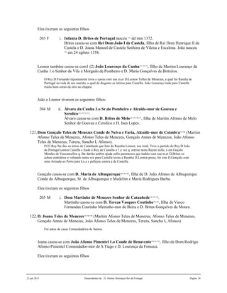 22 jun 2015 Descendentes de D. Afonso Henriques Rei de Portugal Página 34
Eles tiveram os seguintes filhos
203 F i. Infanta D. Brites de Portugal nasceu 729
dd mm 1372.
Brites casou-se com Rei Dom João I de Castela, filho de Rei Dom Henrique II de
Castela e D. Joana Manoel de Castela Senhora de Vilena e Escalona. João nasceu
730
em 24 agôsto 1358.
Leonor também casou-se com1 (2) João Lourenço da Cunha731,732,733
, filho de Martim Lourenço da
Cunha 1.o Senhor da Vila e Morgado de Pombeiro e D. Maria Gonçalves de Briteiros.
O Rey D.Fernando injustamente tirou e casou com sua m.er D.Leonor Telles de Menezes, a qual foi Rainha de
Portugal na vida de seu marido, o qual de disgosto se retirou para Castella. João Lourenço indo para Castella
trazia hum corno de oiro no chapéu.
João e Leonor tiveram os seguintes filhos:
204 M ii. Álvaro da Cunha 3.o Sr.do Pombeiro e Alcaide-mor de Gouvea e
Serolico734,735,736,737
.
Álvaro casou-se com D. Brites de Melo738,739,740,741
, filha de Martim Afonso de Melo
Senhor de Gouvea e Cerolico e D. Ines Lopes.
121.Dom Gonçalo Teles de Menezes Conde de Neiva e Faria, Alcaide-mor de Coimbra705,706
(Martim
Afonso Teles de Menezes, Afonso Teles de Menezes, Gonçalo Annes de Menezes, João Afonso
Teles de Menezes, Tereza, Sancho I, Afonso).
O El Rey lhe deo as terras de Catanhede que fora da Raynha Leonor, sua irmã. Teve o partido do Rey D.João
de Portugal contra Castella e fiado o Rey de Castella a 1.a vez q. entrou neste Reyno nelle, e em Goçalo
Mendes de Vasconcellos q. lhe dariào ambos ajuda oello parentesco que tinhão com sua m.er D.Brites os
achou contrários e voltando outra vez para Castella levou a Raynha D.Leonor presa, foi este D.Gonçalo com
uma Armada ao Porto para Lx.a e pellejou contra a de Castella.
Gonçalo casou-se com D. Maria de Albuquerque702,703,704
, filha de D. João Afonso de Albuquerque
Conde de Albuquerque, Sr. de Albuquerque e Medelim e Maria Rodrigues Barba.
Eles tiveram os seguintes filhos
205 M i. Dom Martinho de Menezes Senhor de Catanhede742,743,744
.
Martinho casou-se com D. Tereza Vasques Coutinho745,746
, filha de Vasco
Fernandes Coutinho Meirinho-mor de Beira e D. Brites Gonçalves da Moura.
122.D. Joana Teles de Menezes747,748,749
(Martim Afonso Teles de Menezes, Afonso Teles de Menezes,
Gonçalo Annes de Menezes, João Afonso Teles de Menezes, Tereza, Sancho I, Afonso).
Foi antes de casar Comendadeira de Santos.
Joana casou-se com João Afonso Pimentel 1.o Conde de Benavente750,751,752
, filho de Dom Rodrigo
Afonso Pimentel Comendador-mor de S.Tiago e D. Lourença da Fonseca.
Eles tiveram os seguintes filhos
 