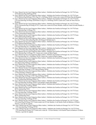 22 jun 2015 Descendentes de D. Afonso Henriques Rei de Portugal Página 41
73. Gayo, Manoel José da Costa Felgueiras (Main Author) , Nobiliário das Famílias de Portugal, No.1181776/Tomo
18/Tit.Menezes/Pag.220/Parag.43/N4.
74. Gayo, Manoel José da Costa Felgueiras (Main Author) , Nobiliário das Famílias de Portugal, No.1181776/Tomo
25/Tit.Ribeiros/Pag.80/Parag.1/N14; Pag.167 e 168/Parag.130/N9. Consta com o nome de D.Nuno Paes de Bragança.
75. Gayo, Manoel José da Costa Felgueiras (Main Author) , Nobiliário das Famílias de Portugal, No.1181775/Tomo
2/Tit.Azevedos/Pag.163/Parag.120/N8/Item 9; Pag.167 e 168/Parag.130/N9. Consta com o nome de Nuno Pires de
Bragança.
76. Gayo, Manoel José da Costa Felgueiras (Main Author) , Nobiliário das Famílias de Portugal, No.1181777/Tomo
28/Tit.Vasconcelos/Pag.165/Parag.187/N7. Consta com o nome de D.Nuno Mendes, irmão do Conde D.Fernão Mendes, o
Braganção.
77. Gayo, Manoel José da Costa Felgueiras (Main Author) , Nobiliário das Famílias de Portugal, No.1181776/Tomo
18/Tit.Meireles/Pag.112/Parag.1/N1.
78. Gayo, Manoel José da Costa Felgueiras (Main Author) , Nobiliário das Famílias de Portugal, No.1181775/Tomo
12/Tit.Correas/Pag.47/Parag.57/N5.
79. Gayo, Manoel José da Costa Felgueiras (Main Author) , Nobiliário das Famílias de Portugal, No.1181775/Tomo
8/Tit.Calheiros/Pag.62/Parag.1/N1.
80. Gayo, Manoel José da Costa Felgueiras (Main Author) , Nobiliário das Famílias de Portugal, Microfilme
No.1181775/Tomo XI/Coelhos/Pag.200 e 201/Parag.61/N8/Sub-item 9.
81. Gayo, Manoel José da Costa Felgueiras (Main Author) , Nobiliário das Famílias de Portugal, No.1181776/Tomo
25/Tit.Ribeiros/Pag.80/Parag.1/N14.
82. Gayo, Manoel José da Costa Felgueiras (Main Author) , Nobiliário das Famílias de Portugal, No.1181775/Tomo
2/Tit.Azevedos/Pag.167 e 168/Parag.130/N9.
83. Gayo, Manoel José da Costa Felgueiras (Main Author) , Nobiliário das Famílias de Portugal, Microfilme
No.1181775/Tomo XI/Coelhos/Pag.200 e 201/Parag.61/N8/Sub-item 9.
84. Gayo, Manoel José da Costa Felgueiras (Main Author) , Nobiliário das Famílias de Portugal, No.1181776/Tomo
18/Tit.Meireles/Pag.112/Parag.1/N1. Consta com o nome de Maria Foguia.
85. Gayo, Manoel José da Costa Felgueiras (Main Author) , Nobiliário das Famílias de Portugal, No.1181775/Tomo
2/Tit.Azevedos/Pag.167 e 168/Parag.130/N9. Consta com o nome de Maria Fogaça.
86. Gayo, Manoel José da Costa Felgueiras (Main Author) , Nobiliário das Famílias de Portugal, No.1181775/Tomo
12/Tit.Correas/Pag.47/Parag.57/N5.
87. Gayo, Manoel José da Costa Felgueiras (Main Author) , Nobiliário das Famílias de Portugal, No.1181775/Tomo 8/
Tit.Calheiros/Pag.70/Parag.15/N2/Item 3.
88. Gayo, Manoel José da Costa Felgueiras (Main Author) , Nobiliário das Famílias de Portugal, No.1181776/Tomo
17/Tit.Limas/Pag.119/Parag.1/N2.
89. Gayo, Manoel José da Costa Felgueiras (Main Author) , Nobiliário das Famílias de Portugal, No. 1181775/Tomo
3/Azevedos/Pag.162/Parag.117/N7; Pag.163/Parag.120/N9.
90. Gayo, Manoel José da Costa Felgueiras (Main Author) , Nobiliário das Famílias de Portugal, No.1181776/Tomo
17/Tit.Limas/Pag.119/Parag.1/N2.
91. Gayo, Manoel José da Costa Felgueiras (Main Author) , Nobiliário das Famílias de Portugal, No. 1181775/Tomo
3/Azevedos/Pag.162/Parag.117/N7; Pag.163/Parag.120/N9.
92. Gayo, Manoel José da Costa Felgueiras (Main Author) , Nobiliário das Famílias de Portugal, No.1181775/Tomo
11/Tit.Coelhos/Pag.200/Parag.58/Item 10.
93. Gayo, Manoel José da Costa Felgueiras (Main Author) , Nobiliário das Famílias de Portugal, No.1181775/Tomo
2/Tit.Azevedos/Pag.163/Parag.120/N9. Com geração a partir desta página.
94. Gayo, Manoel José da Costa Felgueiras (Main Author) , Nobiliário das Famílias de Portugal, No.1181775/Tomo
3/Tit.Azevedos/Pag.174/Parag.150/N9.
95. Gayo, Manoel José da Costa Felgueiras (Main Author) , Nobiliário das Famílias de Portugal, No.1181775/Tomo
III/Tit.Astúrias/Pag.79/N1.
96. Gayo, Manoel José da Costa Felgueiras (Main Author) , Nobiliário das Famílias de Portugal, No.1181775/Tomo
3/Tit.Azevedos/Pag.174/Parag.150/N9.
97. Gayo, Manoel José da Costa Felgueiras (Main Author) , Nobiliário das Famílias de Portugal, No.1181775/Tomo
III/Tit.Astúrias/Pag.79/N1.
98. Gayo, Manoel José da Costa Felgueiras (Main Author) , Nobiliário das Famílias de Portugal, No.1181775/Tomo
3/Tit.Azevedos/Pag.173/Parag.147/N9.
99. Gayo, Manoel José da Costa Felgueiras (Main Author) , Nobiliário das Famílias de Portugal, No.1181775/Tomo
2/Tit.Antas/Pag.201/Parag.1/N3. Consta casado com D.Trote Sanches, f.a de Sancho Nunes de Barboza e D.Maria
Thereza, o que não foi seguido.
100. Gayo, Manoel José da Costa Felgueiras (Main Author) , Nobiliário das Famílias de Portugal, No.1181775/Tomo
3/Tit.Azevedos/Pag.173/Parag.147/N9.
101. Gayo, Manoel José da Costa Felgueiras (Main Author) , Nobiliário das Famílias de Portugal, No.1181775/Tomo
2/Tit.Antas/Pag.201/Parag.1/N3. Consta com o nome de D.Trote Sanches, f.a de Sancho Nunes de Barboza e D.Maria
Thereza, o que não foi seguido.
 