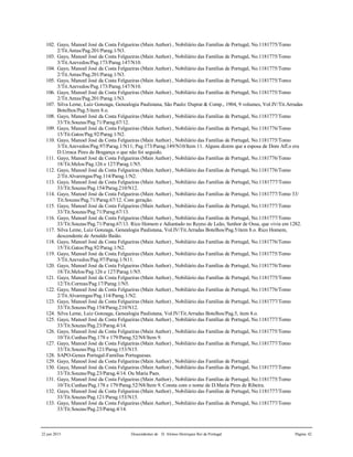 22 jun 2015 Descendentes de D. Afonso Henriques Rei de Portugal Página 42
102. Gayo, Manoel José da Costa Felgueiras (Main Author) , Nobiliário das Famílias de Portugal, No.1181775/Tomo
2/Tit.Antas/Pag.201/Parag.1/N3.
103. Gayo, Manoel José da Costa Felgueiras (Main Author) , Nobiliário das Famílias de Portugal, No.1181775/Tomo
3/Tit.Azevedos/Pag.173/Parag.147/N10.
104. Gayo, Manoel José da Costa Felgueiras (Main Author) , Nobiliário das Famílias de Portugal, No.1181775/Tomo
2/Tit.Antas/Pag.201/Parag.1/N3.
105. Gayo, Manoel José da Costa Felgueiras (Main Author) , Nobiliário das Famílias de Portugal, No.1181775/Tomo
3/Tit.Azevedos/Pag.173/Parag.147/N10.
106. Gayo, Manoel José da Costa Felgueiras (Main Author) , Nobiliário das Famílias de Portugal, No.1181775/Tomo
2/Tit.Antas/Pag.201/Parag.1/N3.
107. Silva Leme, Luiz Gonzaga, Genealogia Paulistana, São Paulo: Duprat & Comp., 1904, 9 volumes, Vol.IV/Tit.Arrudas
Botelhos/Pag.5/item 8.o.
108. Gayo, Manoel José da Costa Felgueiras (Main Author) , Nobiliário das Famílias de Portugal, No.1181777/Tomo
33/Tit.Souzas/Pag.71/Parag.67/12.
109. Gayo, Manoel José da Costa Felgueiras (Main Author) , Nobiliário das Famílias de Portugal, No.1181776/Tomo
15/Tit.Gatos/Pag.92/Parag.1/N2.
110. Gayo, Manoel José da Costa Felgueiras (Main Author) , Nobiliário das Famílias de Portugal, No.1181775/Tomo
3/Tit.Azevedos/Pag.97/Parag.1/N11; Pag.173/Parag.149/N10/Item 11. Alguns dizem que a esposa de Dom Aff.o era
D.Urraca Pires de Bragança o que não foi seguido.
111. Gayo, Manoel José da Costa Felgueiras (Main Author) , Nobiliário das Famílias de Portugal, No.1181776/Tomo
18/Tit.Melos/Pag.126 e 127/Parag.1/N5.
112. Gayo, Manoel José da Costa Felgueiras (Main Author) , Nobiliário das Famílias de Portugal, No.1181776/Tomo
2/Tit.Alvarengas/Pag.114/Parag.1/N2.
113. Gayo, Manoel José da Costa Felgueiras (Main Author) , Nobiliário das Famílias de Portugal, No.1181777/Tomo
33/Tit.Souzas/Pag.154/Parag.210/N12.
114. Gayo, Manoel José da Costa Felgueiras (Main Author) , Nobiliário das Famílias de Portugal, No.1181777/Tomo 33/
Tit.Souzas/Pag.71/Parag.67/12. Com geração.
115. Gayo, Manoel José da Costa Felgueiras (Main Author) , Nobiliário das Famílias de Portugal, No.1181777/Tomo
33/Tit.Souzas/Pag.71/Parag.67/13.
116. Gayo, Manoel José da Costa Felgueiras (Main Author) , Nobiliário das Famílias de Portugal, No.1181777/Tomo
33/Tit.Souzas/Pag.71/Parag.67/13. Rico Homem e Adiantado no Reyno de Leão, Senhor de Ossa, que vivia em 1282.
117. Silva Leme, Luiz Gonzaga, Genealogia Paulistana, Vol.IV/Tit.Arrudas Botelhos/Pag.5/item 8.o. Rico Homem,
descendente de Arnaldo Baião.
118. Gayo, Manoel José da Costa Felgueiras (Main Author) , Nobiliário das Famílias de Portugal, No.1181776/Tomo
15/Tit.Gatos/Pag.92/Parag.1/N2.
119. Gayo, Manoel José da Costa Felgueiras (Main Author) , Nobiliário das Famílias de Portugal, No.1181775/Tomo
3/Tit.Azevedos/Pag.97/Parag.1/N11.
120. Gayo, Manoel José da Costa Felgueiras (Main Author) , Nobiliário das Famílias de Portugal, No.1181776/Tomo
18/Tit.Melos/Pag.126 e 127/Parag.1/N5.
121. Gayo, Manoel José da Costa Felgueiras (Main Author) , Nobiliário das Famílias de Portugal, No.1181775/Tomo
12/Tit.Correas/Pag.17/Parag.1/N5.
122. Gayo, Manoel José da Costa Felgueiras (Main Author) , Nobiliário das Famílias de Portugal, No.1181776/Tomo
2/Tit.Alvarengas/Pag.114/Parag.1/N2.
123. Gayo, Manoel José da Costa Felgueiras (Main Author) , Nobiliário das Famílias de Portugal, No.1181777/Tomo
33/Tit.Souzas/Pag.154/Parag.210/N12.
124. Silva Leme, Luiz Gonzaga, Genealogia Paulistana, Vol.IV/Tit.Arrudas Botelhos/Pag.5, item 8.o.
125. Gayo, Manoel José da Costa Felgueiras (Main Author) , Nobiliário das Famílias de Portugal, No.1181777/Tomo
33/Tit.Souzas/Pag.23/Parag.4/14.
126. Gayo, Manoel José da Costa Felgueiras (Main Author) , Nobiliário das Famílias de Portugal, No.1181775/Tomo
10/Tit.Cunhas/Pag.178 e 179/Parag.52/N8/Item 9.
127. Gayo, Manoel José da Costa Felgueiras (Main Author) , Nobiliário das Famílias de Portugal, No.1181777/Tomo
33/Tit.Souzas/Pag.121/Parag.153/N15.
128. SAPO-Genea Portugal-Familias Portuguesas.
129. Gayo, Manoel José da Costa Felgueiras (Main Author) , Nobiliário das Famílias de Portugal.
130. Gayo, Manoel José da Costa Felgueiras (Main Author) , Nobiliário das Famílias de Portugal, No.1181777/Tomo
33/Tit.Souzas/Pag.23/Parag.4/14. Ou Maria Paes.
131. Gayo, Manoel José da Costa Felgueiras (Main Author) , Nobiliário das Famílias de Portugal, No.1181775/Tomo
10/Tit.Cunhas/Pag.178 e 179/Parag.52/N8/Item 9. Consta com o nome de D.Maria Pires de Ribeira.
132. Gayo, Manoel José da Costa Felgueiras (Main Author) , Nobiliário das Famílias de Portugal, No.1181777/Tomo
33/Tit.Souzas/Pag.121/Parag.153/N15.
133. Gayo, Manoel José da Costa Felgueiras (Main Author) , Nobiliário das Famílias de Portugal, No.1181777/Tomo
33/Tit.Souzas/Pag.23/Parag.4/14.
 