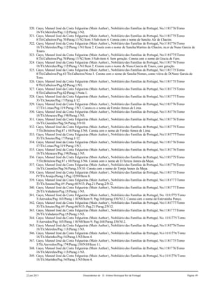 22 jun 2015 Descendentes de D. Afonso Henriques Rei de Portugal Página 49
320. Gayo, Manoel José da Costa Felgueiras (Main Author) , Nobiliário das Famílias de Portugal, No.1181776/Tomo
18/Tit.Meireles/Pag.112/Parag.1/N2.
321. Gayo, Manoel José da Costa Felgueiras (Main Author) , Nobiliário das Famílias de Portugal, No.1181775/Tomo
8/Tit.Calheiros/Pag.70/Parag.15/N2/Item 3/Sub-item 4. Consta com o nome de Sancha Alz de Chacim.
322. Gayo, Manoel José da Costa Felgueiras (Main Author) , Nobiliário das Famílias de Portugal, No.1181776/Tomo
18/Tit.Meireles/Pag.112/Parag.1/N1/Item 2. Consta com o nome de Sancha Martins de Chacim, m.er de Nuno Garcia de
Touro.
323. Gayo, Manoel José da Costa Felgueiras (Main Author) , Nobiliário das Famílias de Portugal, No.1181775/Tomo
8/Tit.Calheiros/Pag.70/Parag.15/N2/Item 3/Sub-item 4. Sem geração. Consta com o nome de Gracia de Faro.
324. Gayo, Manoel José da Costa Felgueiras (Main Author) , Nobiliário das Famílias de Portugal, No.1181776/Tomo
18/Tit.Meireles/Pag.112/Parag.1/N1/Item 2. Consta com o nome de Nuno Garcia de Touro, com geração.
325. Gayo, Manoel José da Costa Felgueiras (Main Author) , Nobiliário das Famílias de Portugal, No.1181775/Tomo
8/Tit.Calheiros/Pag.61/Tit.Calheiros/Nota 1. Consta com o nome de Sancha Nomes, como viúva de D.Nuno Garcia de
Toro.
326. Gayo, Manoel José da Costa Felgueiras (Main Author) , Nobiliário das Famílias de Portugal, No.1181775/Tomo
8/Tit.Calheiros/Pag.62/Parag.1/N1.
327. Gayo, Manoel José da Costa Felgueiras (Main Author) , Nobiliário das Famílias de Portugal, No.1181775/Tomo
8/Tit.Calheiros/Pag.62/Parag.1/Nota 1.
328. Gayo, Manoel José da Costa Felgueiras (Main Author) , Nobiliário das Famílias de Portugal, No.1181777/Tomo
33/Tit.Souzas/Pag.17/Parag.1/12.
329. Gayo, Manoel José da Costa Felgueiras (Main Author) , Nobiliário das Famílias de Portugal, No.1181776/Tomo
17/Tit.Limas/Pag.119/Parag.1/N3. Consta co o nome de Fernão Annes de Lima.
330. Gayo, Manoel José da Costa Felgueiras (Main Author) , Nobiliário das Famílias de Portugal, No.1181776/Tomo
18/Tit.Menezes/Pag.198/Parag.1/N5.
331. Gayo, Manoel José da Costa Felgueiras (Main Author) , Nobiliário das Famílias de Portugal, No.1181776/Tomo
16/Tit.Gusmões/Pag.54/Parag.3/N10.
332. Gayo, Manoel José da Costa Felgueiras (Main Author) , Nobiliário das Famílias de Portugal, No.1181775/Tomo
7/Tit.Briteiros/Pag.87 e 88/Parag.1/N6. Consta com o nome de Fernão Annes de Lima.
333. Gayo, Manoel José da Costa Felgueiras (Main Author) , Nobiliário das Famílias de Portugal, No.1181777/Tomo
33/Tit.Souzas/Pag.17/Parag.1/12.
334. Gayo, Manoel José da Costa Felgueiras (Main Author) , Nobiliário das Famílias de Portugal, No.1181776/Tomo
17/Tit.Limas/Pag.119/Parag.1/N3.
335. Gayo, Manoel José da Costa Felgueiras (Main Author) , Nobiliário das Famílias de Portugal, No.1181776/Tomo
18/Tit.Menezes/Pag.198/Parag.1/N5.
336. Gayo, Manoel José da Costa Felgueiras (Main Author) , Nobiliário das Famílias de Portugal, No.1181775/Tomo
7/Tit.Briteiros/Pag.87 e 88/Parag.1/N6. Consta com o nome de D.Tereza Annes da Maya.
337. Gayo, Manoel José da Costa Felgueiras (Main Author) , Nobiliário das Famílias de Portugal, No.1181776/Tomo
16/Tit.Gusmões/Pag.54/Parag.3/N10. Consta com o nome de Tereja Annes da Maya.
338. Gayo, Manoel José da Costa Felgueiras (Main Author) , Nobiliário das Famílias de Portugal, No.1181775/Tomo
IV/Tit.Araújo/Parag.1/Pag.12/N9/Item 8.
339. Gayo, Manoel José da Costa Felgueiras (Main Author) , Nobiliário das Famílias de Portugal, No.1181777/Tomo
33/Tit.Souzas/Pag.69 /Parag.66/N13; Pag.21/Parag.2/N12.
340. Gayo, Manoel José da Costa Felgueiras (Main Author) , Nobiliário das Famílias de Portugal, No.1181777/Tomo
28/Tit.Valadares/Pag.15/Parag.1/N3.
341. Gayo, Manoel José da Costa Felgueiras (Main Author) , Nobiliário das Famílias de Portugal, No. 1181775/Tomo
3/Azevedos/Pag.163/Parag.118/N8/Item 9; Pag.168/parag.130/N12. Consta com o nome de Estevainha Ponço.
342. Gayo, Manoel José da Costa Felgueiras (Main Author) , Nobiliário das Famílias de Portugal, No.1181777/Tomo
33/Tit.Souzas/Pag.69 /Parag.66/N13; Pag.21/Parag.2/N12.
343. Gayo, Manoel José da Costa Felgueiras (Main Author) , Nobiliário das Famílias de Portugal, No.1181777/Tomo
28/Tit.Valadares/Pag.15/Parag.1/N3.
344. Gayo, Manoel José da Costa Felgueiras (Main Author) , Nobiliário das Famílias de Portugal, No. 1181775/Tomo
3/Azevedos/Pag.163/Parag.118/N8/Item 9; Pag.168/Parag.130/N12.
345. Gayo, Manoel José da Costa Felgueiras (Main Author) , Nobiliário das Famílias de Portugal, No.1181776/Tomo
18/Tit.Meireles/Pag.113/Parag.1/N3.
346. Gayo, Manoel José da Costa Felgueiras (Main Author) , Nobiliário das Famílias de Portugal, N.o 1181776/Tomo
18/Tit.Marinho/Pag.54/Parag.1/N3/Item 4.
347. Gayo, Manoel José da Costa Felgueiras (Main Author) , Nobiliário das Famílias de Portugal, No.1181775/Tomo
3/Tit.Azevedos/Pag.174/Parag.150/N10/Item 11.
348. Gayo, Manoel José da Costa Felgueiras (Main Author) , Nobiliário das Famílias de Portugal, No.1181776/Tomo
18/Tit.Meireles/Pag.113/Parag.1/N3.
349. Gayo, Manoel José da Costa Felgueiras (Main Author) , Nobiliário das Famílias de Portugal, N.o 1181776/Tomo
18/Tit.Marinho/Pag.54/Parag.1/N3/Item 4.
 