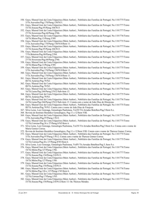 22 jun 2015 Descendentes de D. Afonso Henriques Rei de Portugal Página 50
350. Gayo, Manoel José da Costa Felgueiras (Main Author) , Nobiliário das Famílias de Portugal, No.1181775/Tomo
3/Tit.Azevedos/Pag.174/Parag.150/N11.
351. Gayo, Manoel José da Costa Felgueiras (Main Author) , Nobiliário das Famílias de Portugal, No.1181777/Tomo
33/Tit.Souzas/Pag.95/Parag.104/N13.
352. Gayo, Manoel José da Costa Felgueiras (Main Author) , Nobiliário das Famílias de Portugal, No.1181777/Tomo
27/Tit.Soverozas/Pag.64/Parag.2/N6.
353. Gayo, Manoel José da Costa Felgueiras (Main Author) , Nobiliário das Famílias de Portugal, No.1181776/Tomo
18/Tit.Maias/Pag.13/Parag.3/N9.
354. Gayo, Manoel José da Costa Felgueiras (Main Author) , Nobiliário das Famílias de Portugal, No.1181775/Tomo
3/Tit.Azevedos/Pag.174/Parag.150/N10/Item 11.
355. Gayo, Manoel José da Costa Felgueiras (Main Author) , Nobiliário das Famílias de Portugal, No.1181777/Tomo
33/Tit.Souzas/Pag.95/Parag.104/N13.
356. Gayo, Manoel José da Costa Felgueiras (Main Author) , Nobiliário das Famílias de Portugal, No.1181775/Tomo
7/Tit.Briteiros/Pag.88/Parag.2/N4.
357. Gayo, Manoel José da Costa Felgueiras (Main Author) , Nobiliário das Famílias de Portugal, No.1181777/Tomo
27/Tit.Soverozas/Pag.64/Parag.2/N6.
358. Gayo, Manoel José da Costa Felgueiras (Main Author) , Nobiliário das Famílias de Portugal, No.1181776/Tomo
18/Tit.Maias/Pag.13/Parag.3/N9.
359. Gayo, Manoel José da Costa Felgueiras (Main Author) , Nobiliário das Famílias de Portugal, No.1181775/Tomo
3/Tit.Azevedos/Pag.174/Parag.150/N10/Item 11.
360. Gayo, Manoel José da Costa Felgueiras (Main Author) , Nobiliário das Famílias de Portugal, No.1181775/Tomo
3/Tit.Azevedos/Pag.174/Parag.150/N10/Item 11.
361. Gayo, Manoel José da Costa Felgueiras (Main Author) , Nobiliário das Famílias de Portugal, No.1181775/Tomo
III/Tit.Astúrias/Pag.79/N2.
362. Gayo, Manoel José da Costa Felgueiras (Main Author) , Nobiliário das Famílias de Portugal, No.1181775/Tomo
III/Tit.Astúrias/Pag.79/N2.
363. Gayo, Manoel José da Costa Felgueiras (Main Author) , Nobiliário das Famílias de Portugal, No.1181776/Tomo
16/Tit.Laras/Pag.244/Parag.2/N12/Sub-item 13.
364. Gayo, Manoel José da Costa Felgueiras (Main Author) , Nobiliário das Famílias de Portugal, No.1181775/Tomo
III/Tit.Astúrias/Pag.79/N3.
365. Gayo, Manoel José da Costa Felgueiras (Main Author) , Nobiliário das Famílias de Portugal, No.1181776/Tomo
16/Tit.Laras/Pag.244/Parag.2/N12/Sub-item 13. Consta com o nome de João Dias de Hinojozas.
366. Gayo, Manoel José da Costa Felgueiras (Main Author) , Nobiliário das Famílias de Portugal, No.1181775/Tomo
III/Tit.Astúrias/Pag.79/N3. Consta com o nome de João Dias de Finojoza.
367. Silva Leme, Luiz Gonzaga, Genealogia Paulistana, Vol.IV/Tit.Arrudas Botelhos/Pag.5/Item 8.o.
368. Revista do Instituto Heraldico Genealógico, Pag.11 e 12/Item VIII.
369. Gayo, Manoel José da Costa Felgueiras (Main Author) , Nobiliário das Famílias de Portugal, No.1181775/Tomo
3/Tit.Azevedos/Pag.97/Parag.1/N12.
370. Gayo, Manoel José da Costa Felgueiras (Main Author) , Nobiliário das Famílias de Portugal, No.1181775/Tomo
12/Tit.Correias/Pag.26 e 27/Parag.8/N5/Item 6.
371. Silva Leme, Luiz Gonzaga, Genealogia Paulistana, Vol.IV/Tit.Arrudas Botelhos/Pag.5/Item 8.o. Consta com o nome de
Maria Gomes Correa.
372. Revista do Instituto Heraldico Genealógico, Pag.11 e 12/Item VIII. Consta com o nome de Thereza Gomes Correa.
373. Gayo, Manoel José da Costa Felgueiras (Main Author) , Nobiliário das Famílias de Portugal, No.1181775/Tomo
3/Tit.Azevedos/Pag.97/Parag.1/N12. Consta com o nome de Thereza Gomes Correa.
374. Gayo, Manoel José da Costa Felgueiras (Main Author) , Nobiliário das Famílias de Portugal, No.1181775/Tomo
12/Tit.Correas/Pag.26 e 27/Parag.8/N5/Item 6.
375. Silva Leme, Luiz Gonzaga, Genealogia Paulistana, VolIV/Tit.Arrudas Botelhos/Pag.5, Item 8.o.
376. Gayo, Manoel José da Costa Felgueiras (Main Author) , Nobiliário das Famílias de Portugal, No.1181776/Tomo
18/Tit.Melos/Pag.127/Parag.1/N6.
377. Gayo, Manoel José da Costa Felgueiras (Main Author) , Nobiliário das Famílias de Portugal, No.1181777/Tomo
33/Tit.Souzas/Pag.154/Parag.210/N13.
378. Gayo, Manoel José da Costa Felgueiras (Main Author) , Nobiliário das Famílias de Portugal, No.1181776/Tomo
18/Tit.Melos/Pag.127/Parag.1/N6.
379. Gayo, Manoel José da Costa Felgueiras (Main Author) , Nobiliário das Famílias de Portugal, No.1181777/Tomo
33/Tit.Souzas/Pag.154/Parag.210/N13.
380. Gayo, Manoel José da Costa Felgueiras (Main Author) , Nobiliário das Famílias de Portugal, No.1181776/Tomo
18/Tit.Melos/Pag.126 e 127/Parag.1/N5/Item 6.
381. Gayo, Manoel José da Costa Felgueiras (Main Author) , Nobiliário das Famílias de Portugal, No.1181775/Tomo
12/Tit.Correas/Pag.17/Parag.1/N5.
382. Gayo, Manoel José da Costa Felgueiras (Main Author) , Nobiliário das Famílias de Portugal, No.1181777/Tomo
33/Tit.Souzas/Pag.154/Parag.210/N12/Item 13. Ou Thereza Mendes.
 