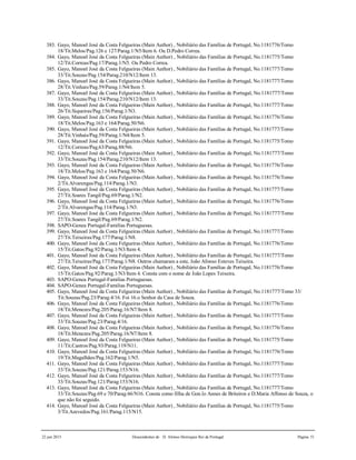 22 jun 2015 Descendentes de D. Afonso Henriques Rei de Portugal Página 51
383. Gayo, Manoel José da Costa Felgueiras (Main Author) , Nobiliário das Famílias de Portugal, No.1181776/Tomo
18/Tit.Melos/Pag.126 e 127/Parag.1/N5/Item 6. Ou D.Pedro Correa.
384. Gayo, Manoel José da Costa Felgueiras (Main Author) , Nobiliário das Famílias de Portugal, No.1181775/Tomo
12/Tit.Correas/Pag.17/Parag.1/N5. Ou Pedro Correa.
385. Gayo, Manoel José da Costa Felgueiras (Main Author) , Nobiliário das Famílias de Portugal, No.1181777/Tomo
33/Tit.Souzas/Pag.154/Parag.210/N12/Item 13.
386. Gayo, Manoel José da Costa Felgueiras (Main Author) , Nobiliário das Famílias de Portugal, No.1181777/Tomo
28/Tit.Vinhais/Pag.59/Parag.1/N4/Item 5.
387. Gayo, Manoel José da Costa Felgueiras (Main Author) , Nobiliário das Famílias de Portugal, No.1181777/Tomo
33/Tit.Souzas/Pag.154/Parag.210/N12/Item 13.
388. Gayo, Manoel José da Costa Felgueiras (Main Author) , Nobiliário das Famílias de Portugal, No.1181777/Tomo
26/Tit.Siqueiras/Pag.156/Parag.1/N3.
389. Gayo, Manoel José da Costa Felgueiras (Main Author) , Nobiliário das Famílias de Portugal, No.1181776/Tomo
18/Tit.Melos/Pag.163 e 164/Parag.50/N6.
390. Gayo, Manoel José da Costa Felgueiras (Main Author) , Nobiliário das Famílias de Portugal, No.1181777/Tomo
28/Tit.Vinhais/Pag.59/Parag.1/N4/Item 5.
391. Gayo, Manoel José da Costa Felgueiras (Main Author) , Nobiliário das Famílias de Portugal, No.1181775/Tomo
12/Tit.Correas/Pag.63/Parag.88/N6.
392. Gayo, Manoel José da Costa Felgueiras (Main Author) , Nobiliário das Famílias de Portugal, No.1181777/Tomo
33/Tit.Souzas/Pag.154/Parag.210/N12/Item 13.
393. Gayo, Manoel José da Costa Felgueiras (Main Author) , Nobiliário das Famílias de Portugal, No.1181776/Tomo
18/Tit.Melos/Pag.163 e 164/Parag.50/N6.
394. Gayo, Manoel José da Costa Felgueiras (Main Author) , Nobiliário das Famílias de Portugal, No.1181776/Tomo
2/Tit.Alvarengas/Pag.114/Parag.1/N3.
395. Gayo, Manoel José da Costa Felgueiras (Main Author) , Nobiliário das Famílias de Portugal, No.1181777/Tomo
27/Tit.Soares Tangil/Pag.69/Parag.1/N2.
396. Gayo, Manoel José da Costa Felgueiras (Main Author) , Nobiliário das Famílias de Portugal, No.1181776/Tomo
2/Tit.Alvarengas/Pag.114/Parag.1/N3.
397. Gayo, Manoel José da Costa Felgueiras (Main Author) , Nobiliário das Famílias de Portugal, No.1181777/Tomo
27/Tit.Soares Tangil/Pag.69/Parag.1/N2.
398. SAPO-Genea Portugal-Familias Portuguesas.
399. Gayo, Manoel José da Costa Felgueiras (Main Author) , Nobiliário das Famílias de Portugal, No.1181777/Tomo
27/Tit.Teixeiras/Pag.177/Parag.1/N8.
400. Gayo, Manoel José da Costa Felgueiras (Main Author) , Nobiliário das Famílias de Portugal, No.1181776/Tomo
15/Tit.Gatos/Pag.92/Parag.1/N3/Item 4.
401. Gayo, Manoel José da Costa Felgueiras (Main Author) , Nobiliário das Famílias de Portugal, No.1181777/Tomo
27/Tit.Teixeiras/Pag.177/Parag.1/N8. Outros chamaram a este, João Afonso Esteves Teixeira.
402. Gayo, Manoel José da Costa Felgueiras (Main Author) , Nobiliário das Famílias de Portugal, No.1181776/Tomo
15/Tit.Gatos/Pag.92/Parag.1/N3/Item 4. Consta com o nome de João Lopes Teixeira.
403. SAPO-Genea Portugal-Familias Portuguesas.
404. SAPO-Genea Portugal-Familias Portuguesas.
405. Gayo, Manoel José da Costa Felgueiras (Main Author) , Nobiliário das Famílias de Portugal, No.1181777/Tomo 33/
Tit.Souzas/Pag.23/Parag.4/16. Foi 16.o Senhor da Casa de Souza.
406. Gayo, Manoel José da Costa Felgueiras (Main Author) , Nobiliário das Famílias de Portugal, No.1181776/Tomo
18/Tit.Menezes/Pag.205/Parag.16/N7/Item 8.
407. Gayo, Manoel José da Costa Felgueiras (Main Author) , Nobiliário das Famílias de Portugal, No.1181777/Tomo
33/Tit.Souzas/Pag.23/Parag.4/16.
408. Gayo, Manoel José da Costa Felgueiras (Main Author) , Nobiliário das Famílias de Portugal, No.1181776/Tomo
18/Tit.Menezes/Pag.205/Parag.16/N7/Item 8.
409. Gayo, Manoel José da Costa Felgueiras (Main Author) , Nobiliário das Famílias de Portugal, No.1181775/Tomo
11/Tit.Castros/Pag.93/Parag.119/N11.
410. Gayo, Manoel José da Costa Felgueiras (Main Author) , Nobiliário das Famílias de Portugal, No.1181776/Tomo
19/Tit.Magalhães/Pag.162/Parag.1/N5.
411. Gayo, Manoel José da Costa Felgueiras (Main Author) , Nobiliário das Famílias de Portugal, No.1181777/Tomo
33/Tit.Souzas/Pag.121/Parag.153/N16.
412. Gayo, Manoel José da Costa Felgueiras (Main Author) , Nobiliário das Famílias de Portugal, No.1181777/Tomo
33/Tit.Souzas/Pag.121/Parag.153/N16.
413. Gayo, Manoel José da Costa Felgueiras (Main Author) , Nobiliário das Famílias de Portugal, No.1181777/Tomo
33/Tit.Souzas/Pag.69 e 70/Parag.66/N16. Consta como filha de Gon.lo Annes de Briteiros e D.Maria Affonso de Souza, o
que não foi seguido.
414. Gayo, Manoel José da Costa Felgueiras (Main Author) , Nobiliário das Famílias de Portugal, No.1181775/Tomo
3/Tit.Azevedos/Pag.161/Parag.115/N15.
 
