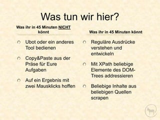 Was tun wir hier?
Was ihr in 45 Minuten NICHT
            könnt             Was ihr in 45 Minuten könnt

    Ubot oder ein anderes     Reguläre Ausdrücke
    Tool bedienen             verstehen und
                              entwickeln
    Copy&Paste aus der
    Präse für Eure            Mit XPath beliebige
    Aufgaben                  Elemente des DOM-
                              Trees addressieren
    Auf ein Ergebnis mit
    zwei Mausklicks hoffen    Beliebige Inhalte aus
                              beliebigen Quellen
                              scrapen
 